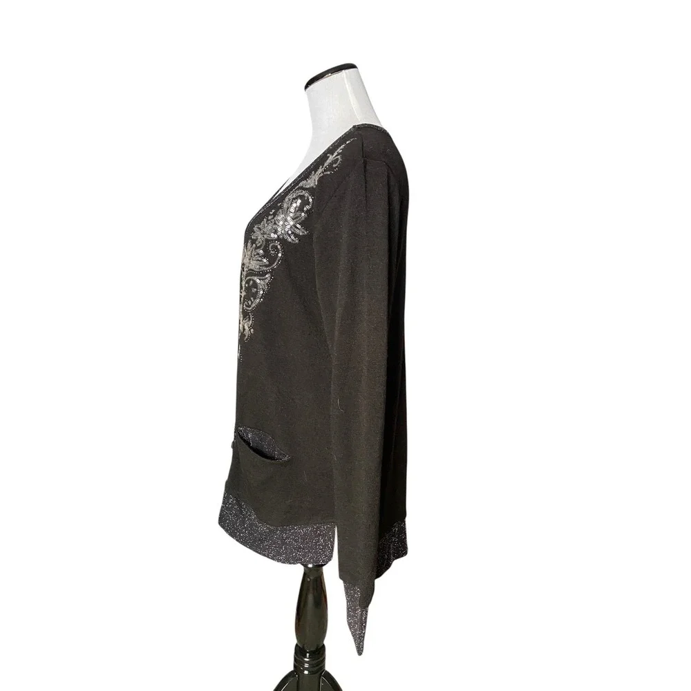 Y2K Miss Me Sequin Embroidered Cardigan Sweater‎ Size L Black McBling Soft Goth